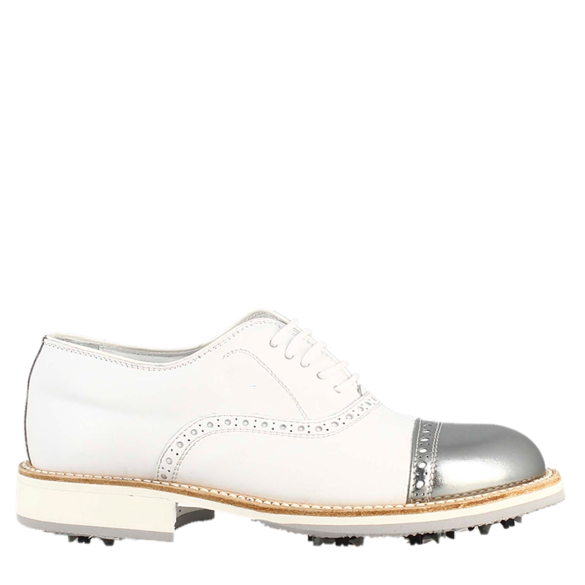 Scarpe golf artigianali in pelle bianco e dettagli in argento - LeonardoShoes