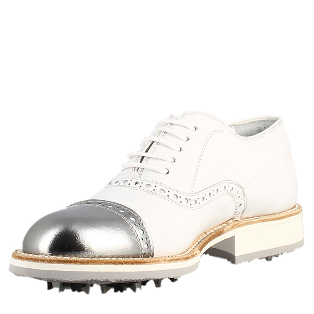 Scarpe golf artigianali in pelle bianco e dettagli in argento - LeonardoShoes