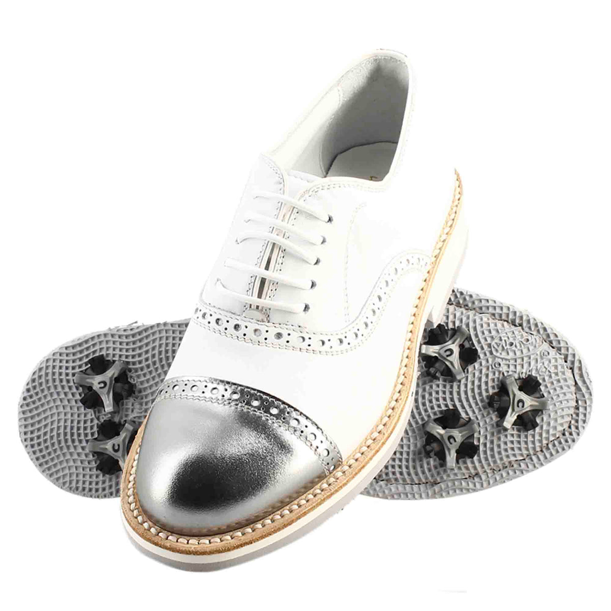 Scarpe golf artigianali in pelle bianco e dettagli in argento - LeonardoShoes