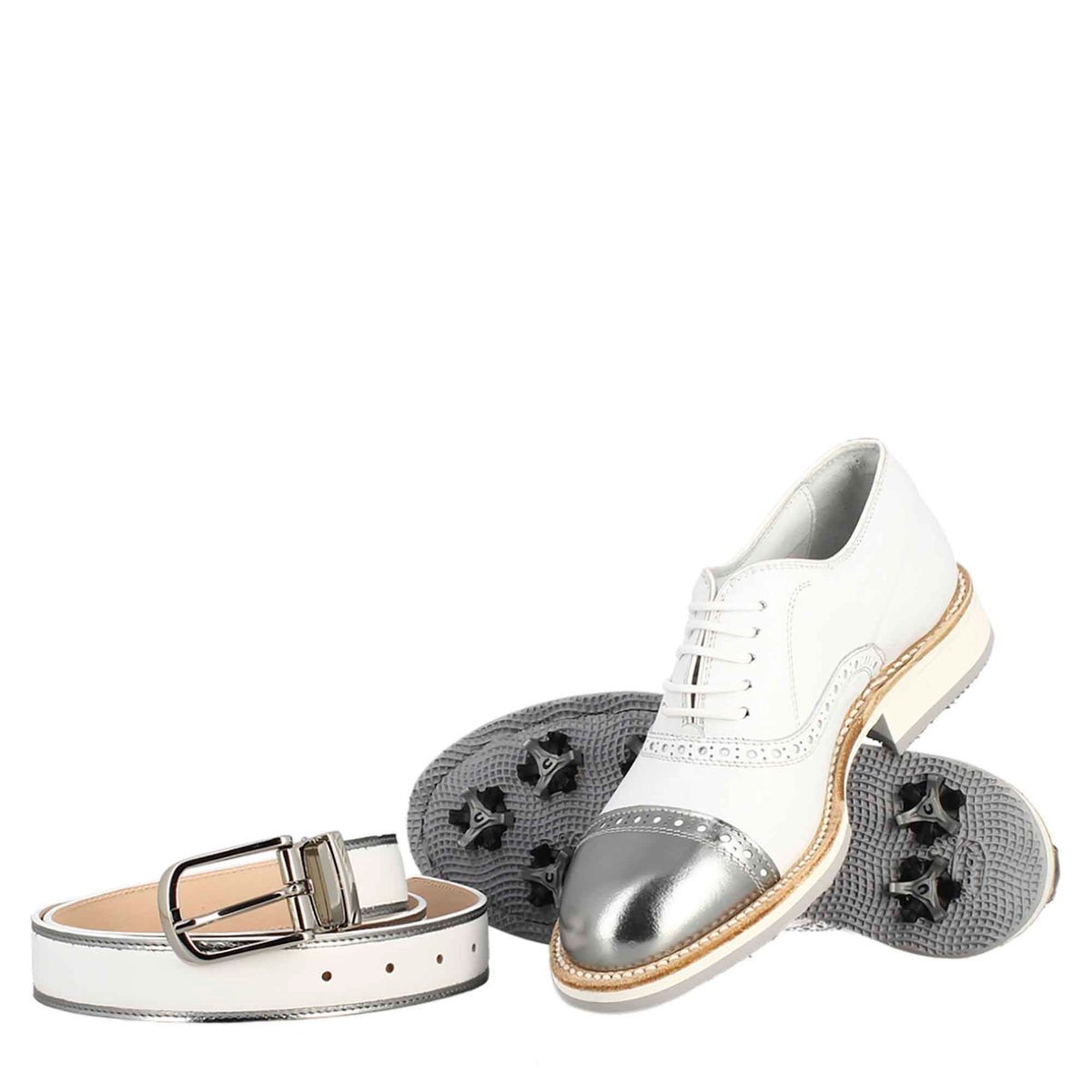 Scarpe golf artigianali in pelle bianco e dettagli in argento - LeonardoShoes
