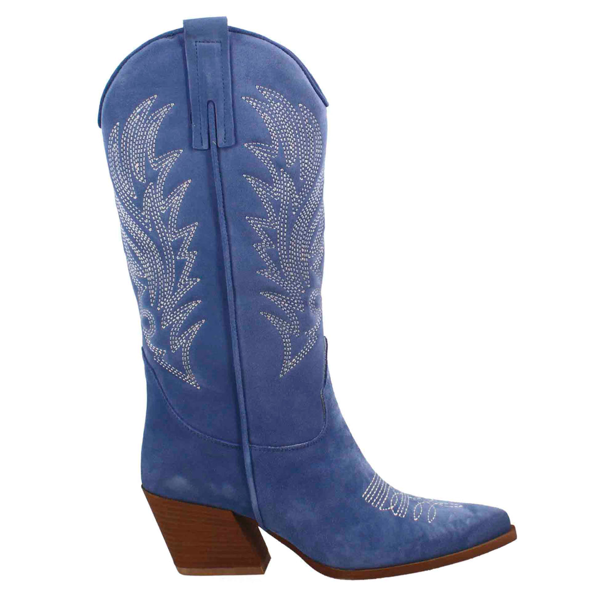 Stivali texani medi da donna in camoscio blu con ricami. - LeonardoShoes