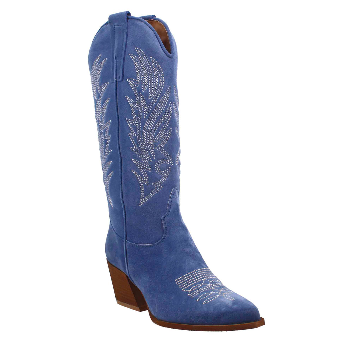 Stivali texani medi da donna in camoscio blu con ricami. - LeonardoShoes