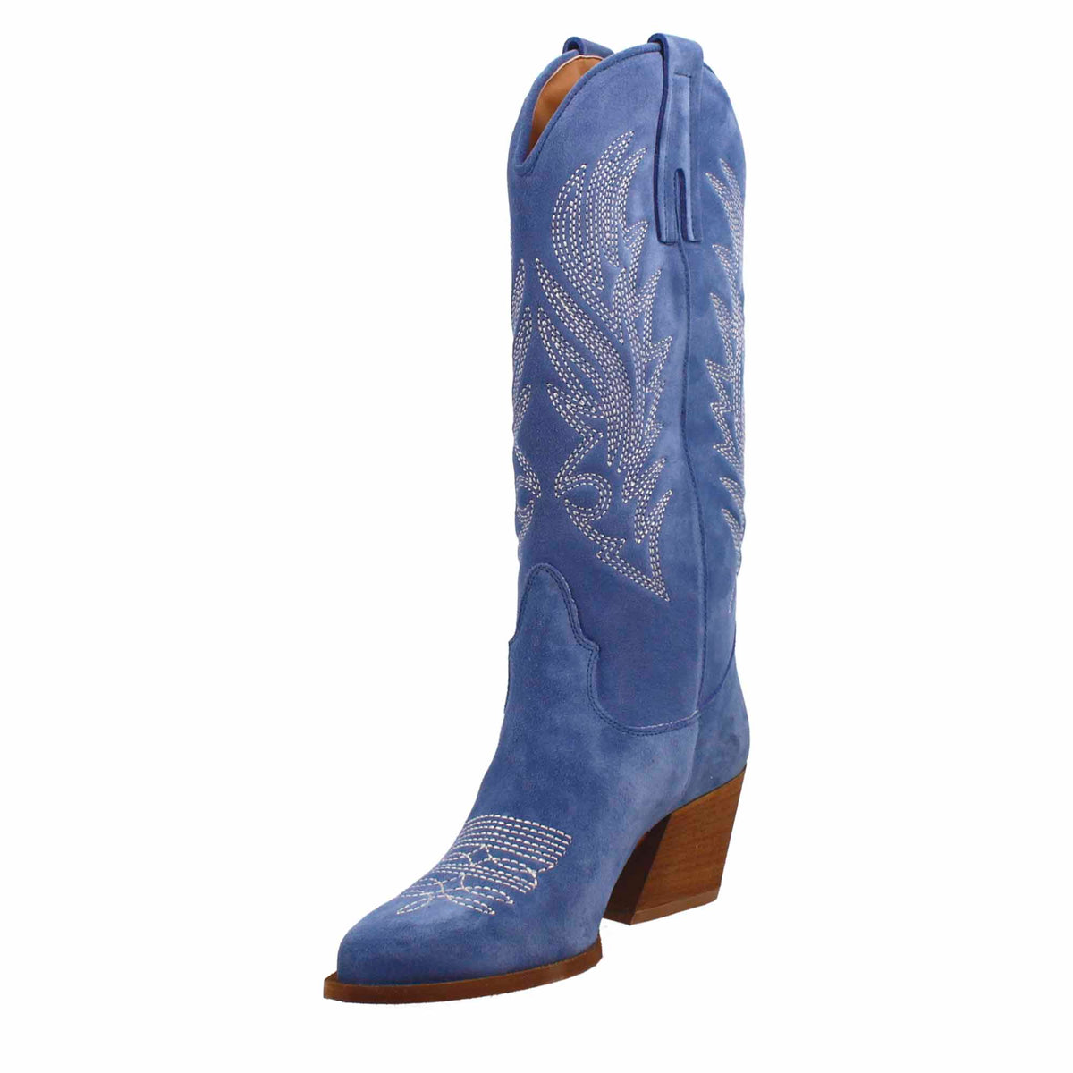 Stivali texani medi da donna in camoscio blu con ricami. - LeonardoShoes