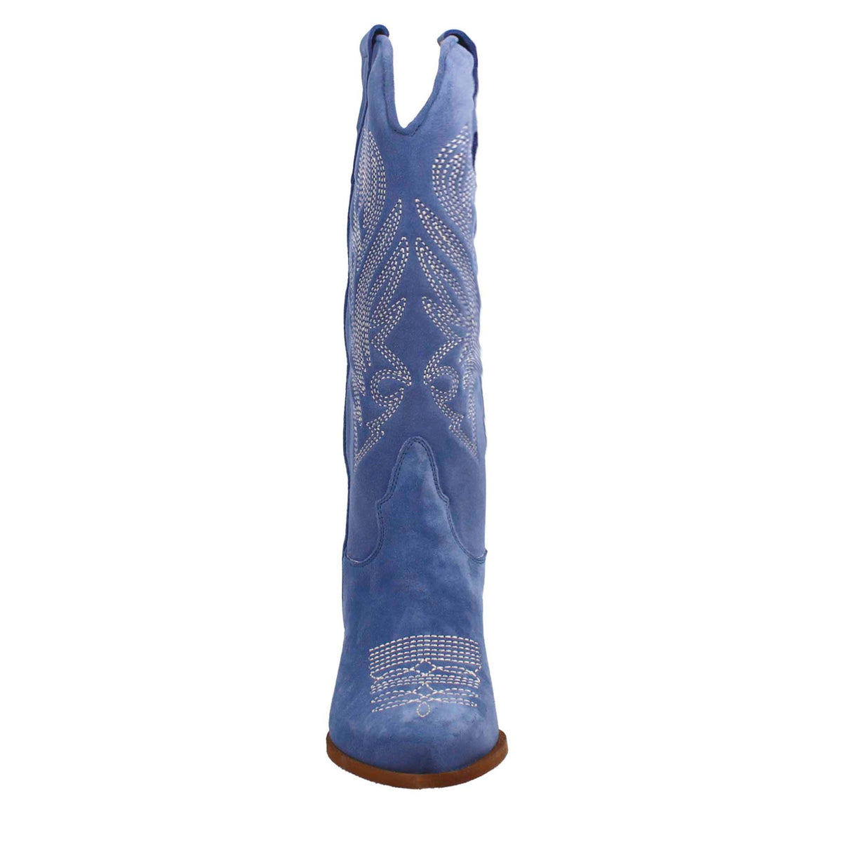 Stivali texani medi da donna in camoscio blu con ricami. - LeonardoShoes