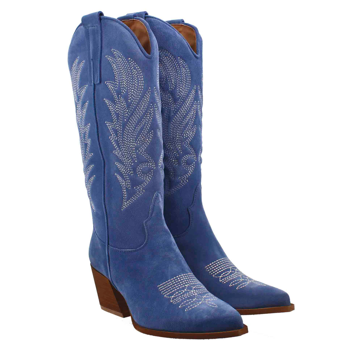 Stivali texani medi da donna in camoscio blu con ricami. - LeonardoShoes
