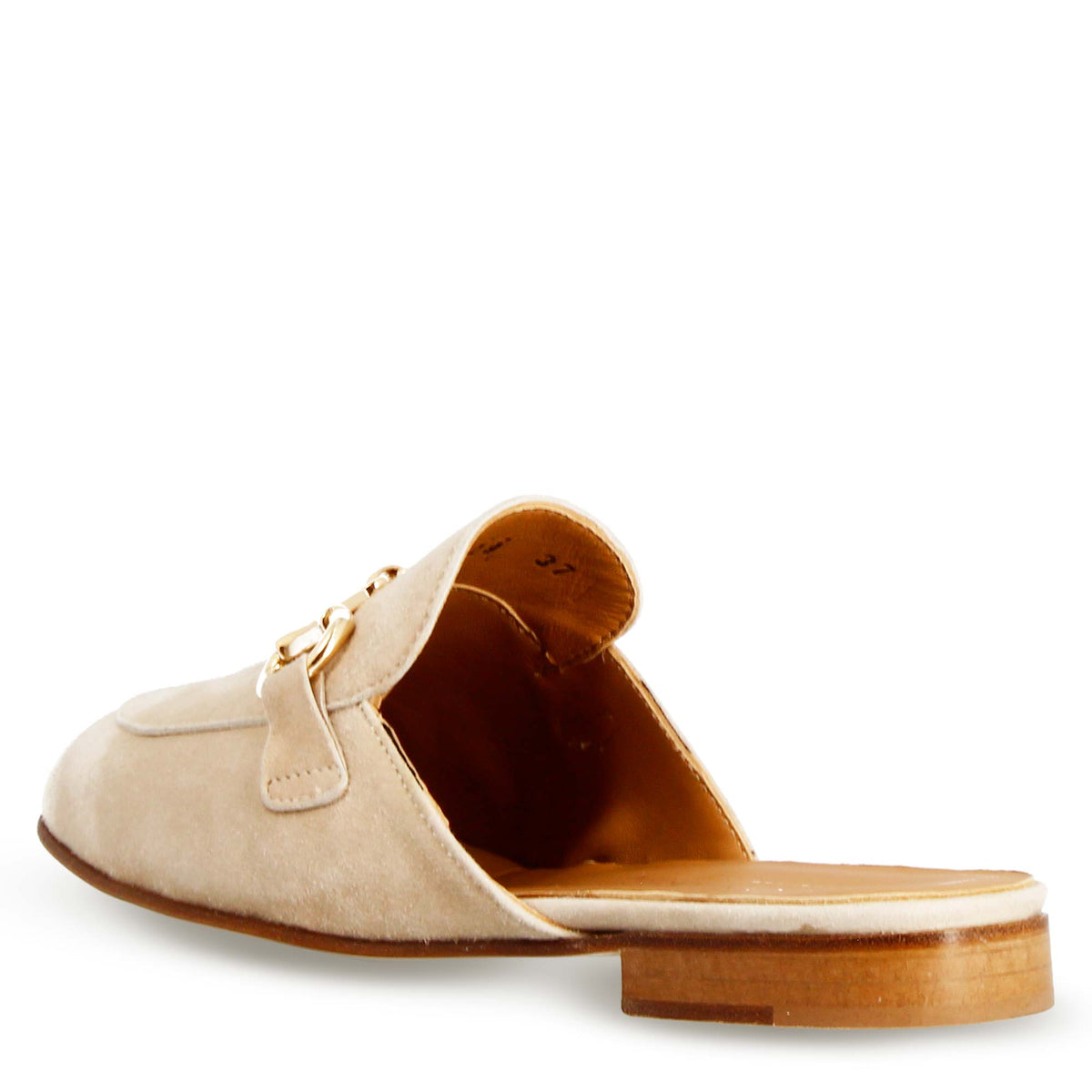 Sabot da donna in pelle scamosciata beige con fibbia oro - LeonardoShoes