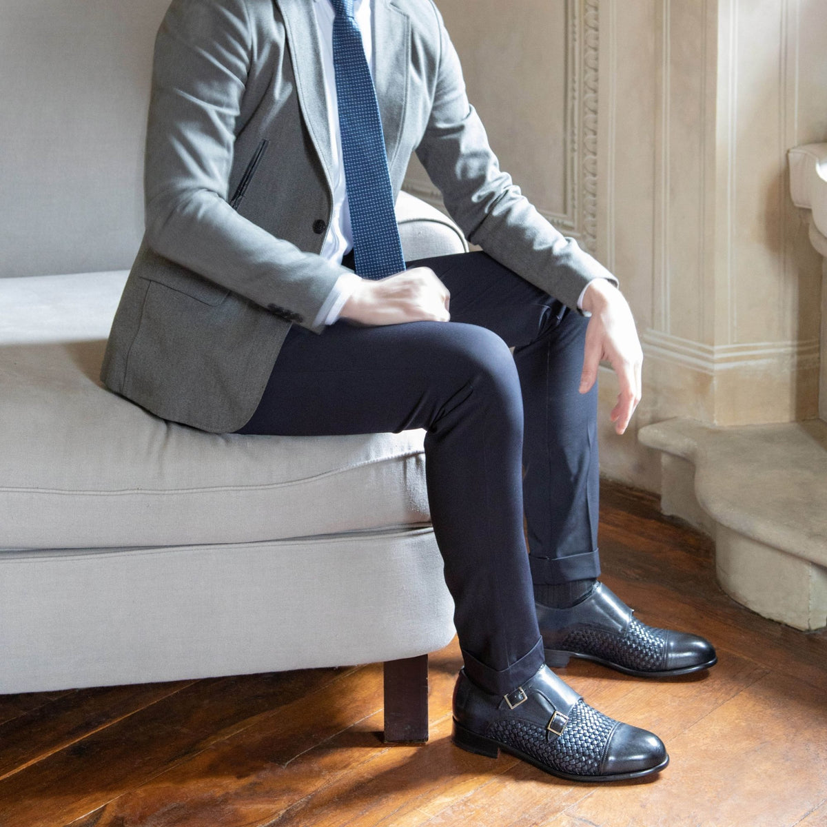 Scarpa doppia fibbia da uomo in pelle intrecciata blu - LeonardoShoes