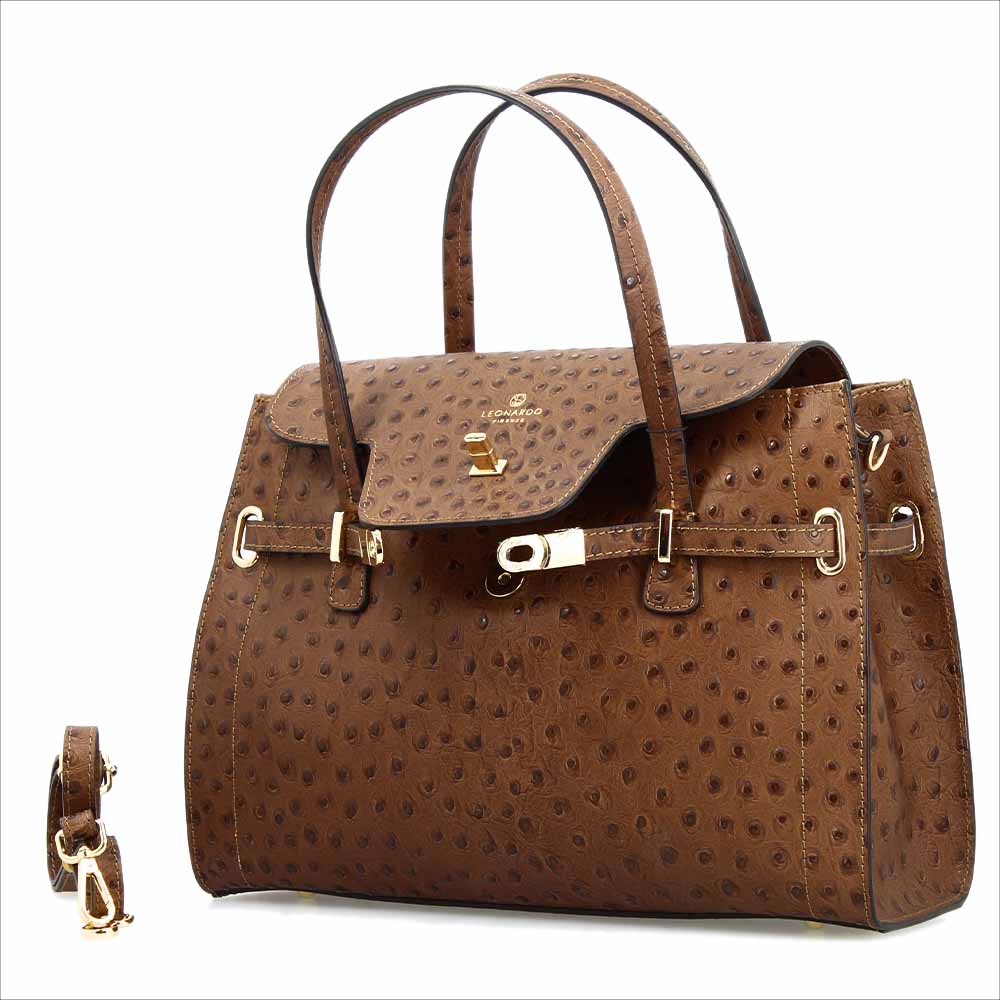 Borsa a mano grande artigianale da donna in pelle stampata marrone