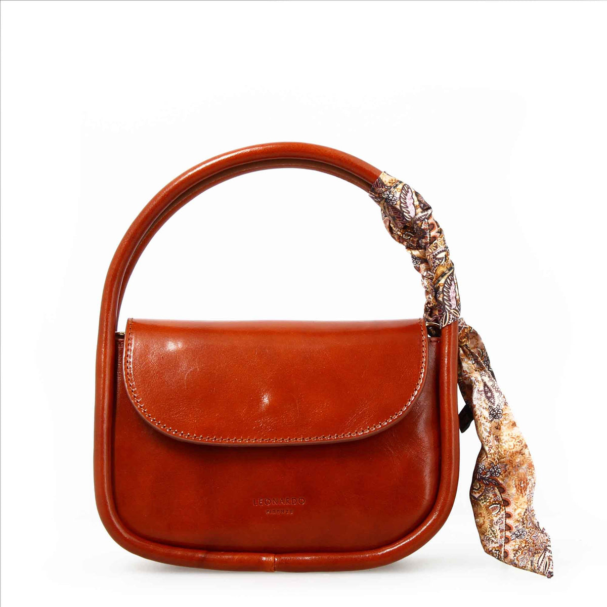 Caterina, light cognac leather handbag with silk scarf, front view