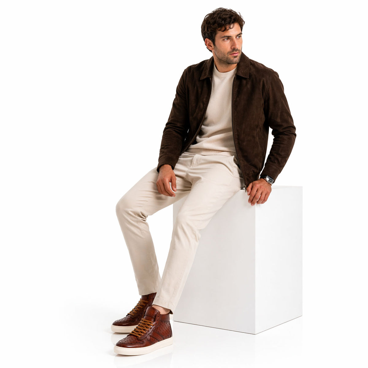 Sneaker artigianale Domizio da uomo in pelle marrone intrecciata - LeonardoShoes
