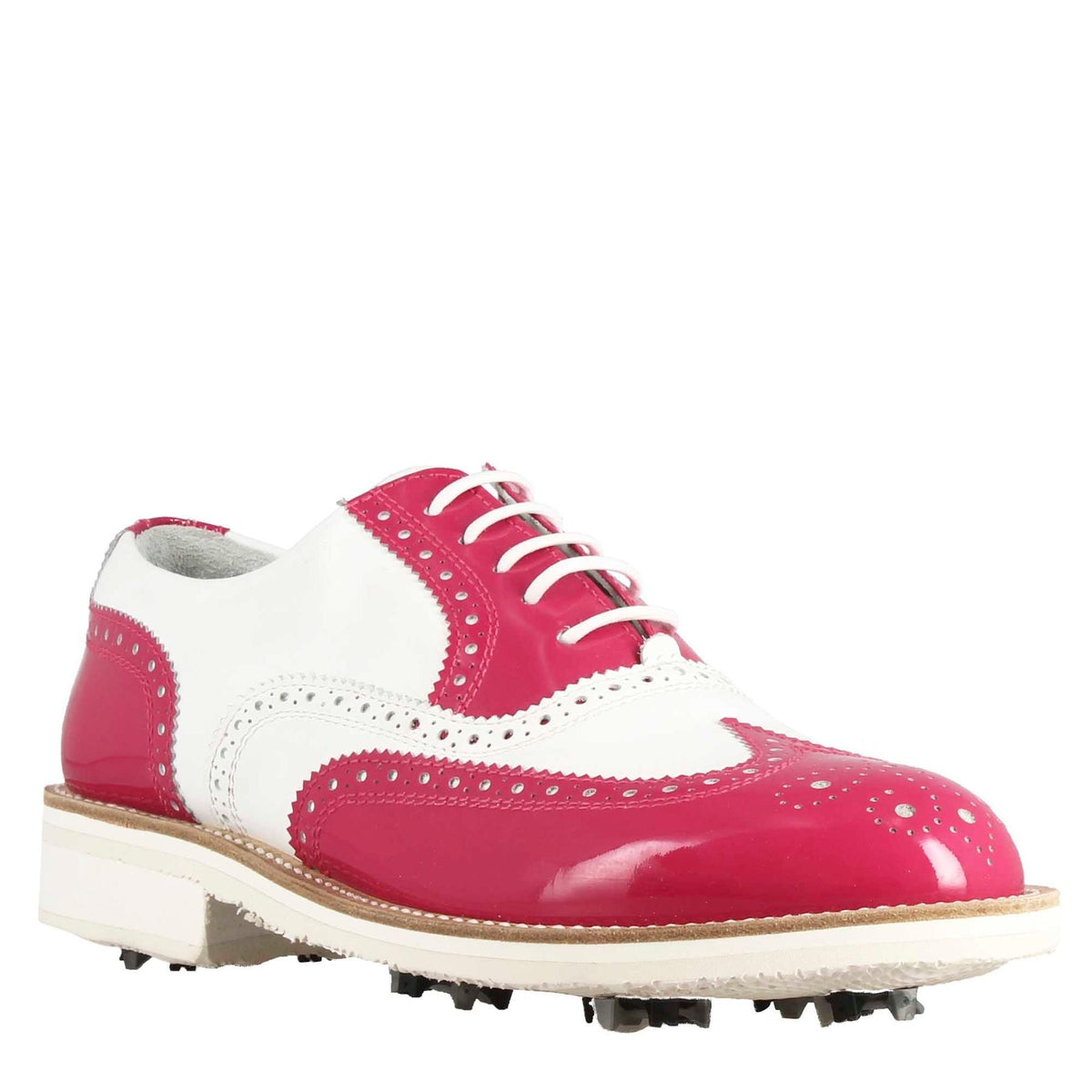 Scarpe golf fatte a mano in pelle lucida colore bianco rosa. - LeonardoShoes