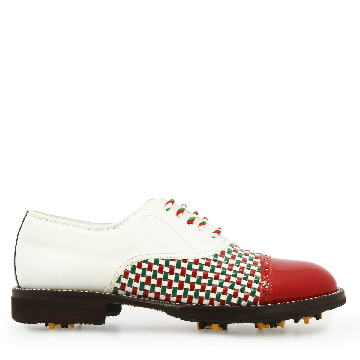 Scarpe da golf artigianali in pelle intrecciata bianca verde e rossa - LeonardoShoes