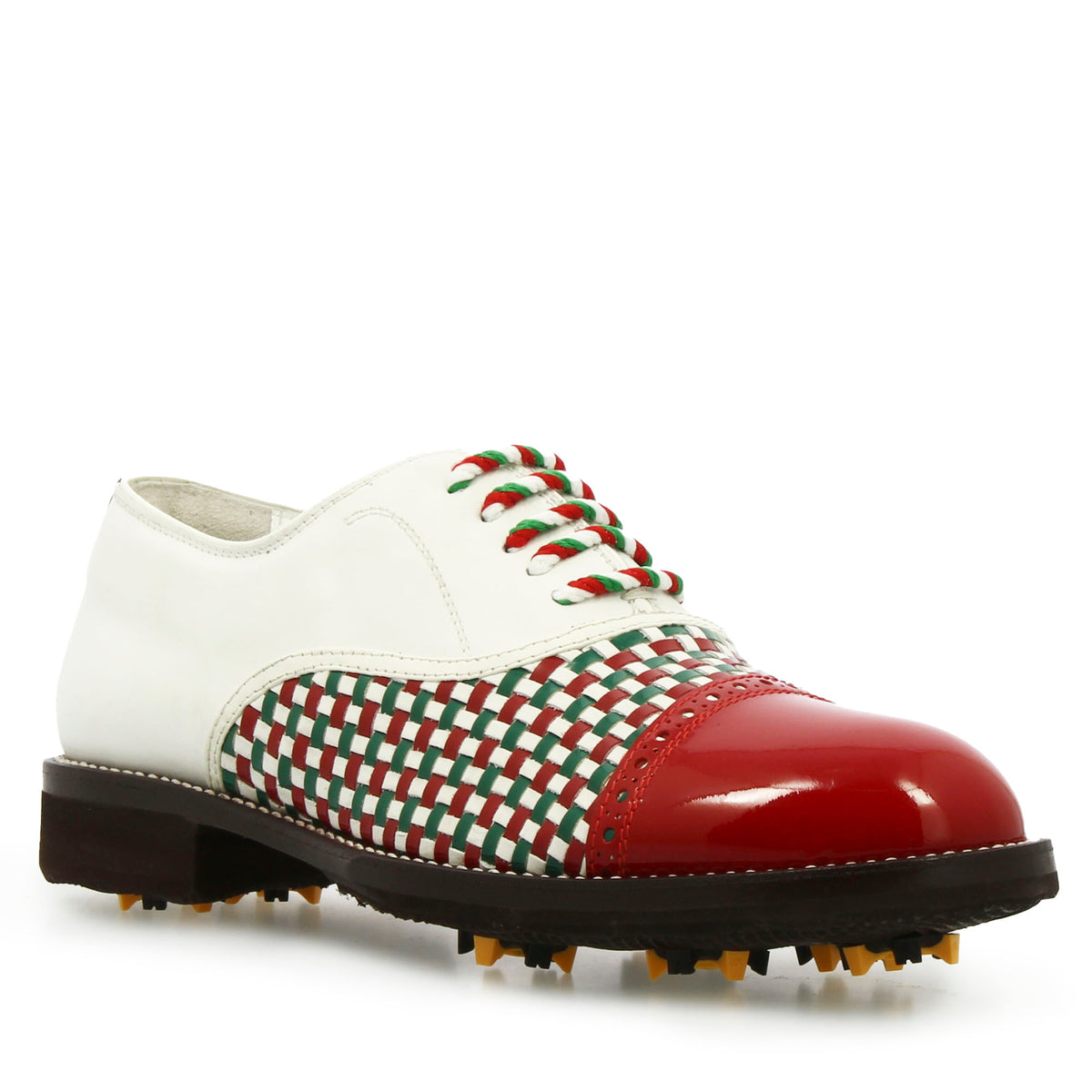 Scarpe da golf artigianali in pelle intrecciata bianca verde e rossa - LeonardoShoes