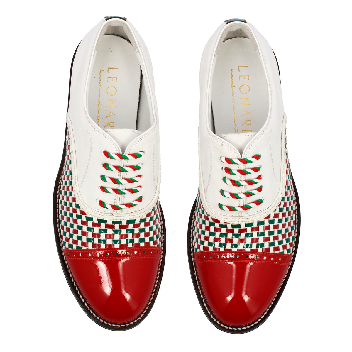 Scarpe da golf artigianali in pelle intrecciata bianca verde e rossa - LeonardoShoes
