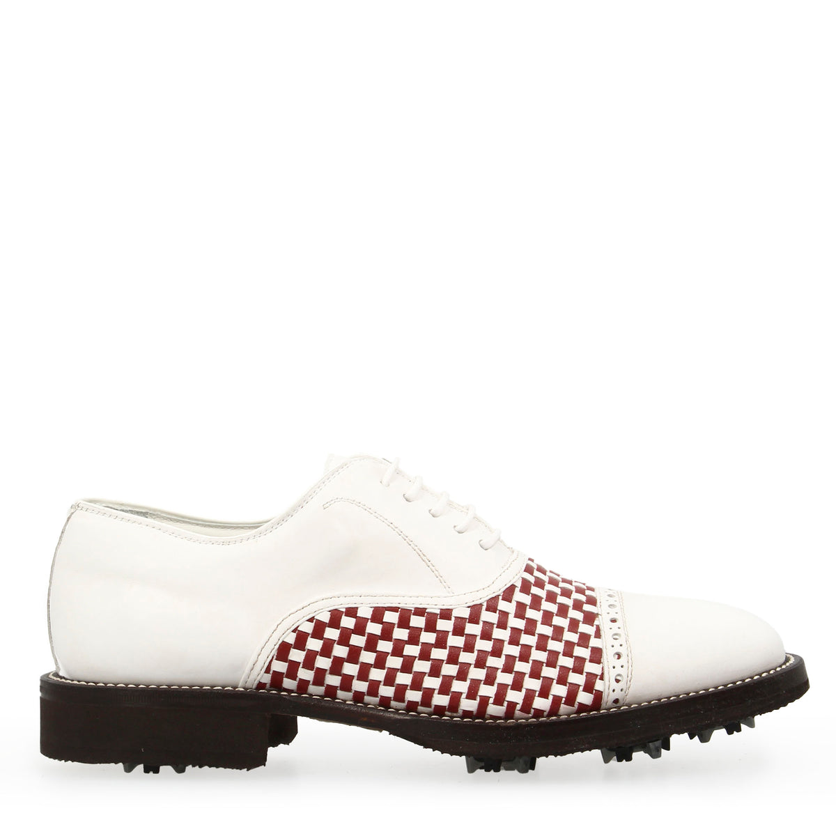 Scarpe classiche da golf artigianali in pelle bianca e rossa intrecciata - LeonardoShoes