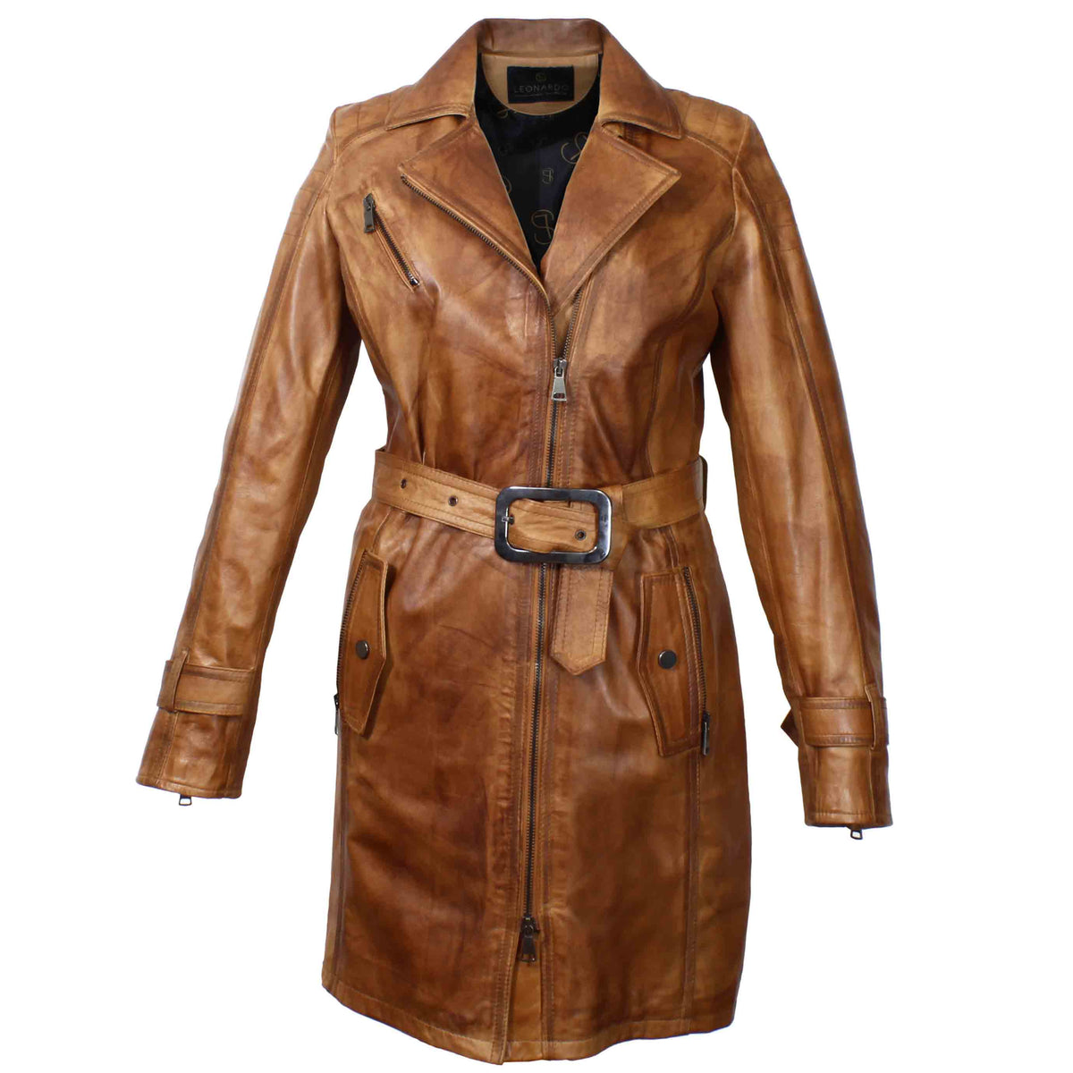 Giacca lunga da donna in pelle marrone - LeonardoShoes