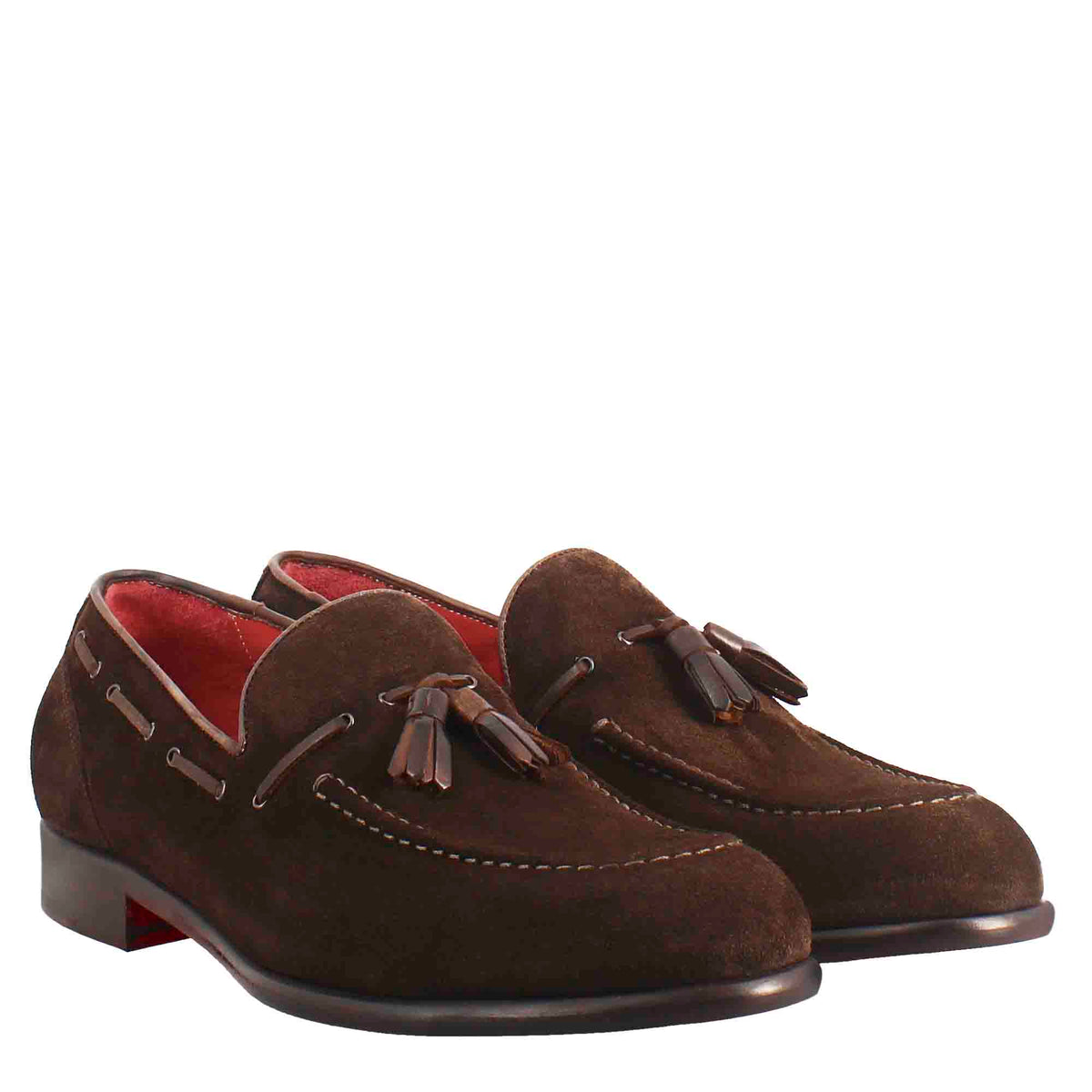 Mocassino con nappine da uomo in pelle scamosciata colore marrone scuro - LeonardoShoes