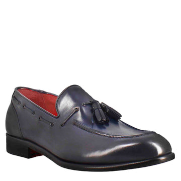 Mocassino con nappine da uomo in pelle colore blu scuro - LeonardoShoes