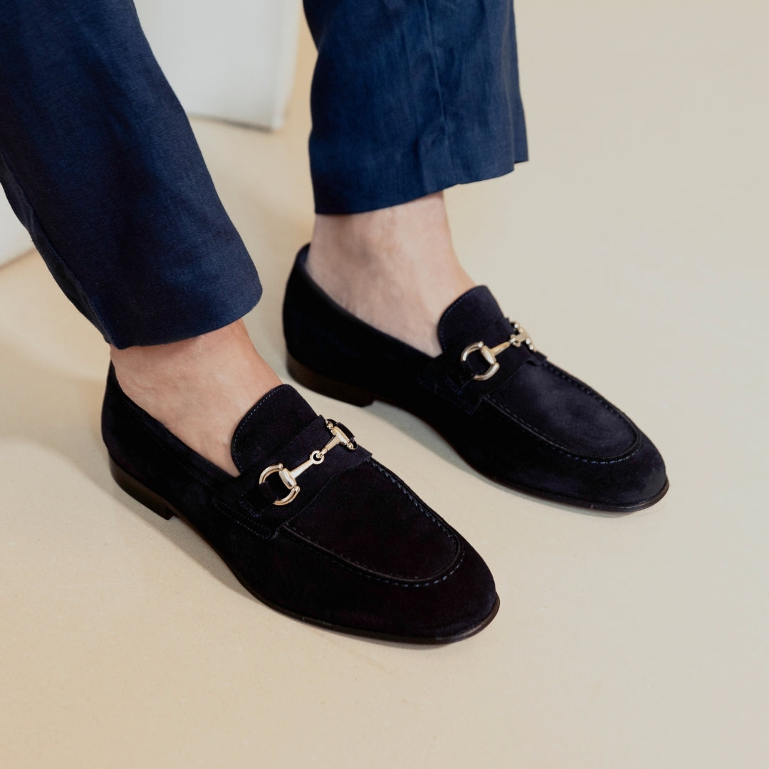 Mocassino blu artigianale da uomo in camoscio con fibbia - LeonardoShoes