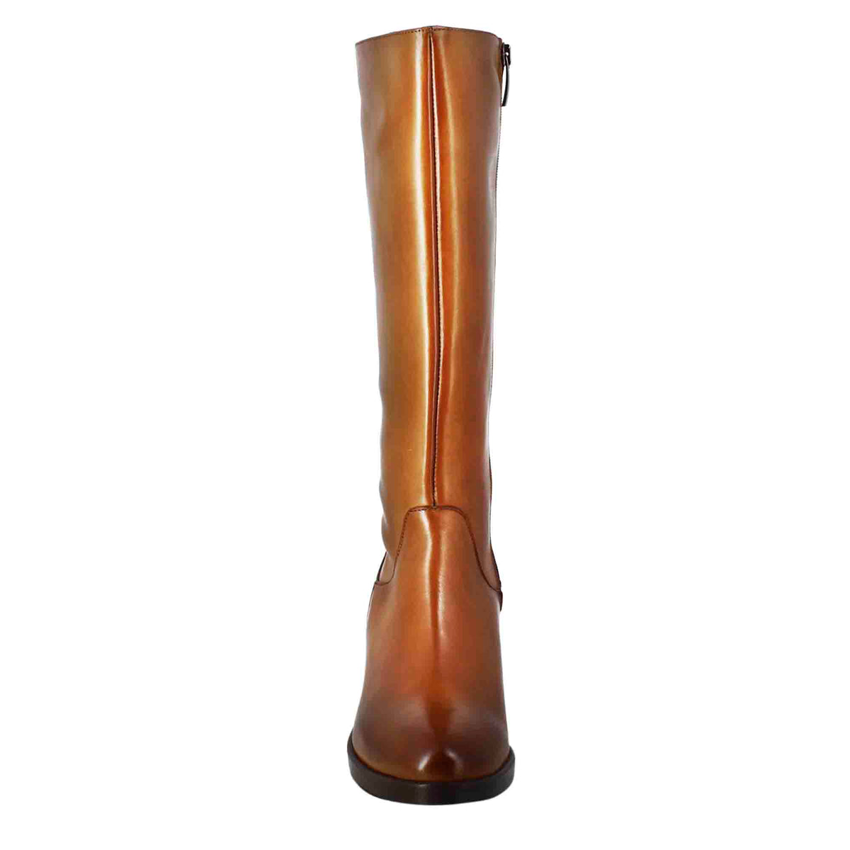 Stivale al ginocchio da donna liscio con tacco medio in pelle marrone - LeonardoShoes
