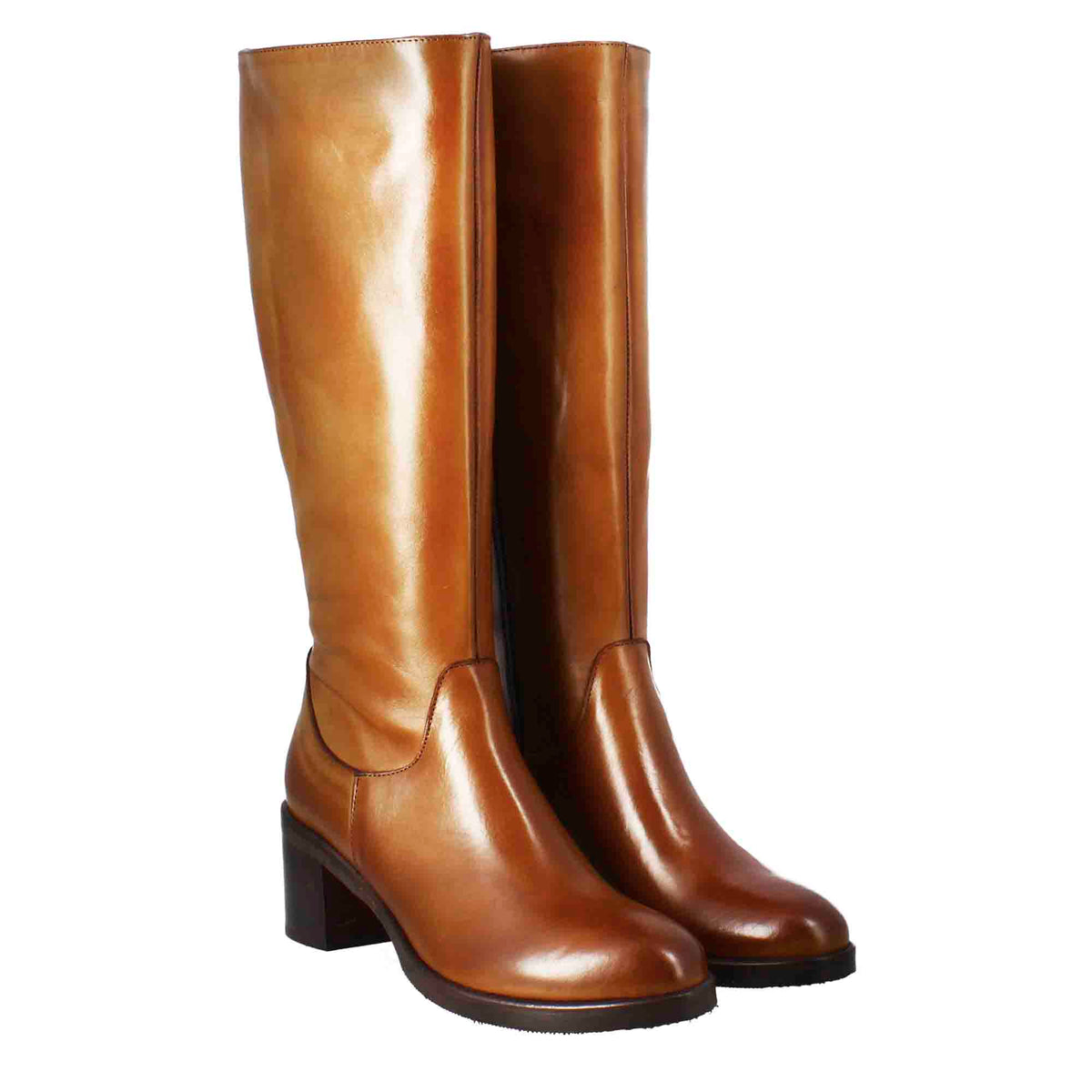 Stivale al ginocchio da donna liscio con tacco medio in pelle marrone - LeonardoShoes