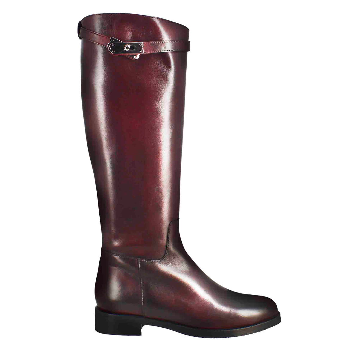 Stivale al ginocchio da donna liscio con tacco basso in pelle colore bordeaux - LeonardoShoes