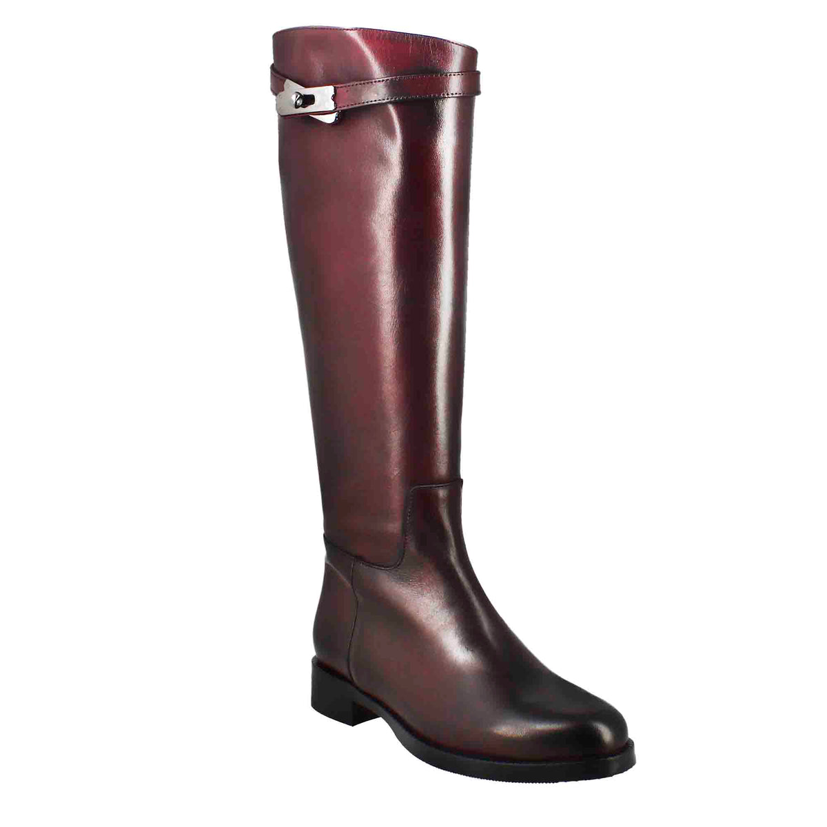 Stivale al ginocchio da donna liscio con tacco basso in pelle colore bordeaux - LeonardoShoes