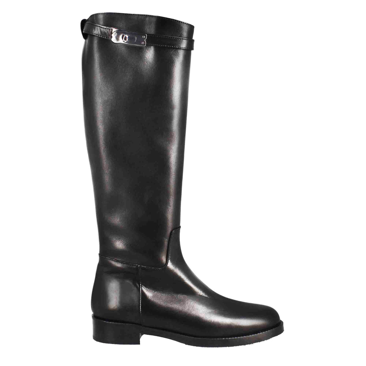 Stivale al ginocchio da donna liscio con tacco basso in pelle colore nero - LeonardoShoes