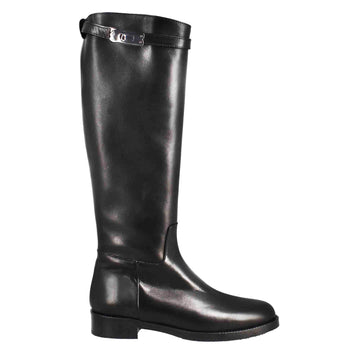 Stivale al ginocchio da donna liscio con tacco basso in pelle colore nero - LeonardoShoes