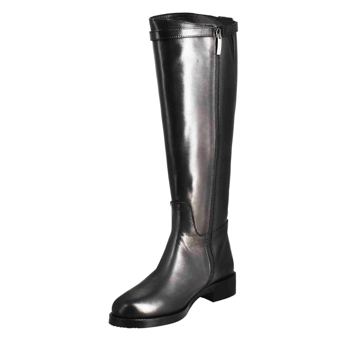 Stivale al ginocchio da donna liscio con tacco basso in pelle colore nero - LeonardoShoes