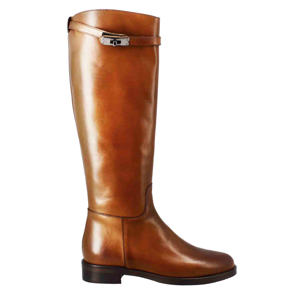 Stivale al ginocchio da donna liscio con tacco basso in pelle colore tabacco - LeonardoShoes