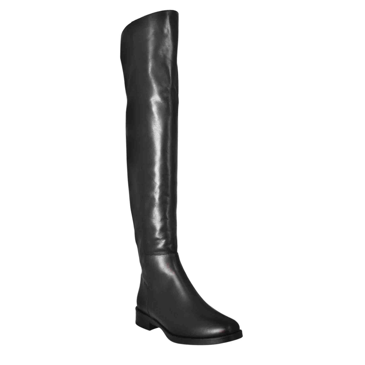 Stivali sopra al ginocchio da donna liscio con tacco basso in pelle colore nero - LeonardoShoes