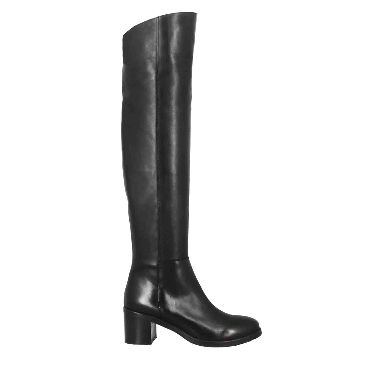 Stivale sopra il ginocchio da donna liscio con tacco medio in pelle nero - LeonardoShoes