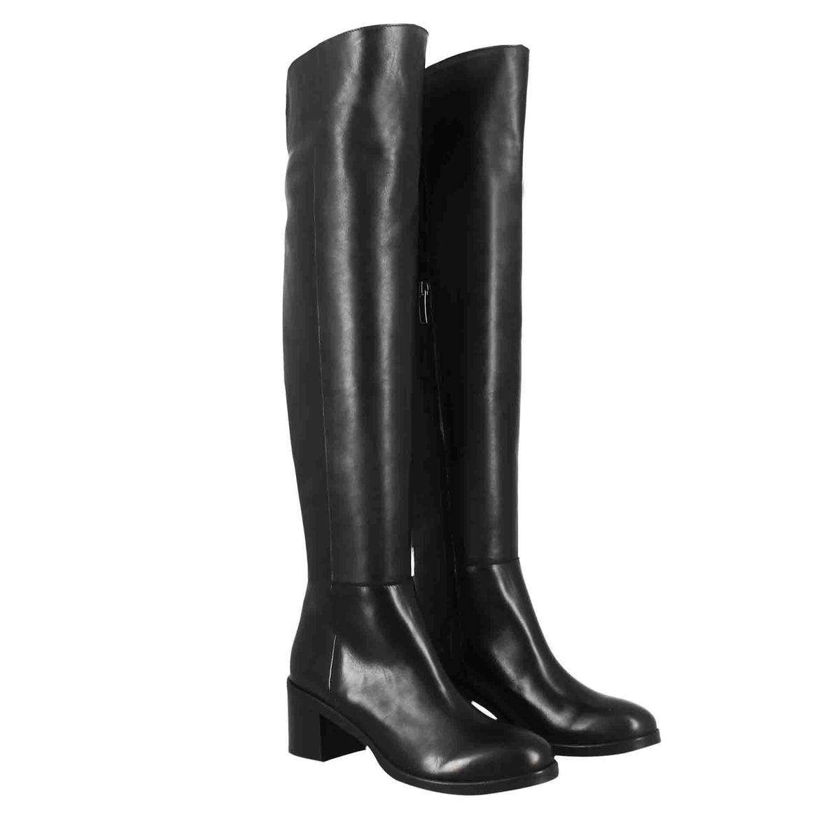 Stivale sopra il ginocchio da donna liscio con tacco medio in pelle nero - LeonardoShoes