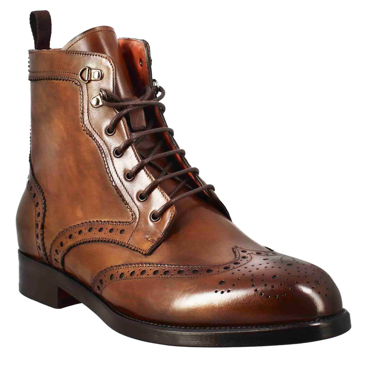 Stivaletto anfibio alto con lavorazione brogue da uomo in pelle colore cuoio - LeonardoShoes