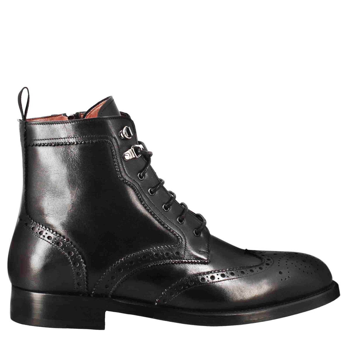 Stivaletto anfibio alto con lavorazione brogue da uomo in pelle colore nero - LeonardoShoes