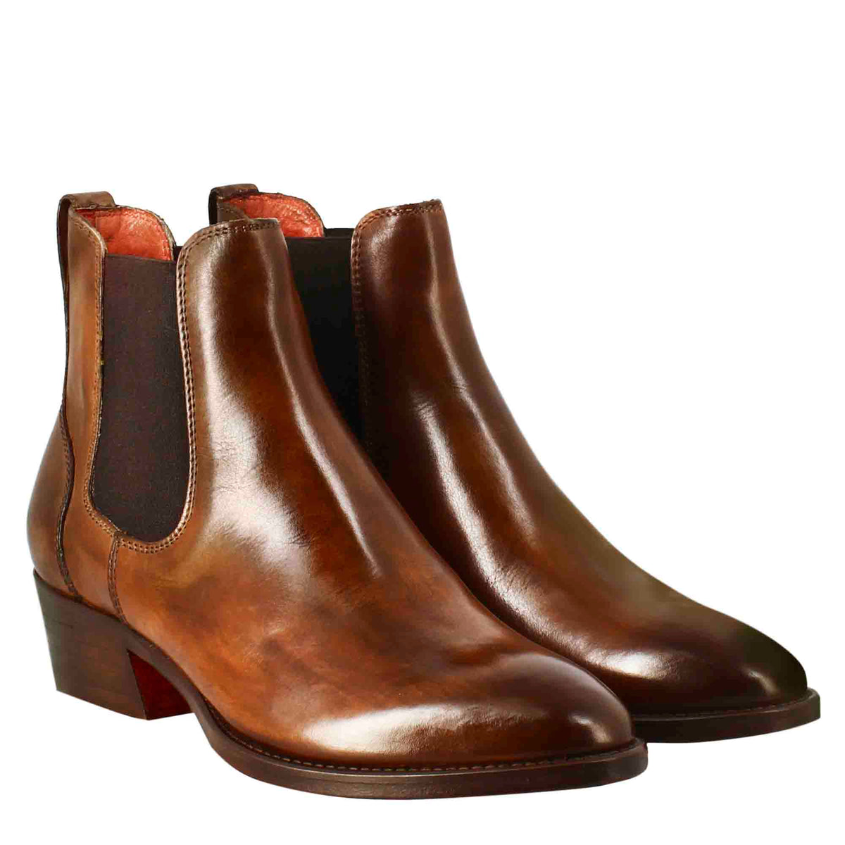 Stivaletto chelsea da donna liscio con tacco medio in pelle colore marrone - LeonardoShoes