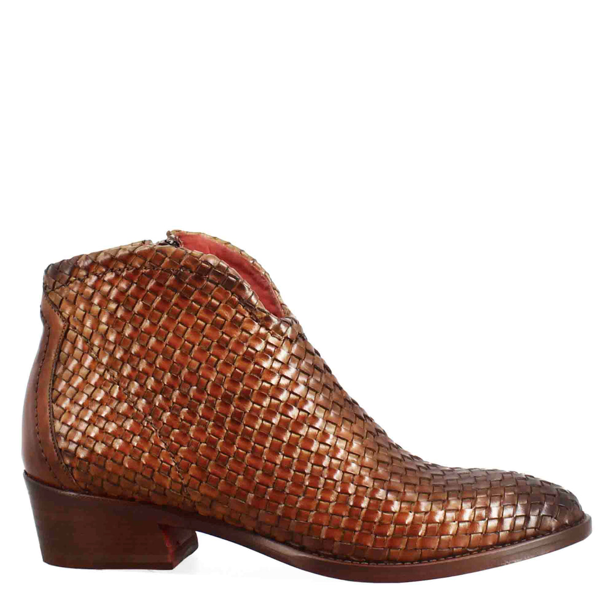 Stivaletto da donna con tacco medio in pelle intrecciata colore marrone chiaro - LeonardoShoes