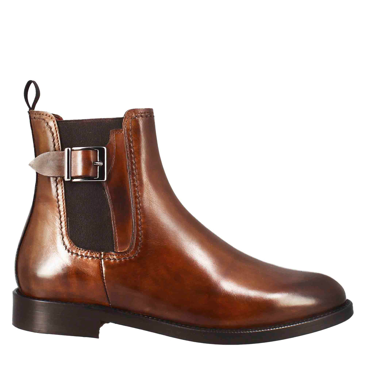 Stivaletto da donna liscio con tacco basso in pelle liscia colore marrone chiaro con fibbia laterale - LeonardoShoes