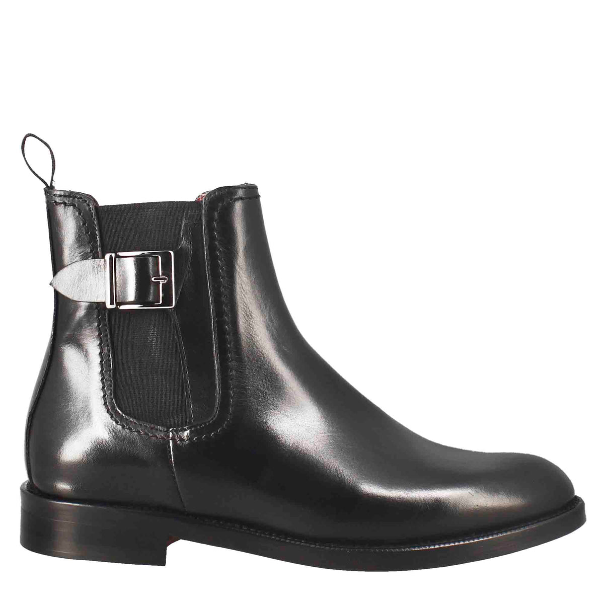 Stivaletto da donna liscio con tacco basso in pelle liscia colore nero con fibbia laterale - LeonardoShoes