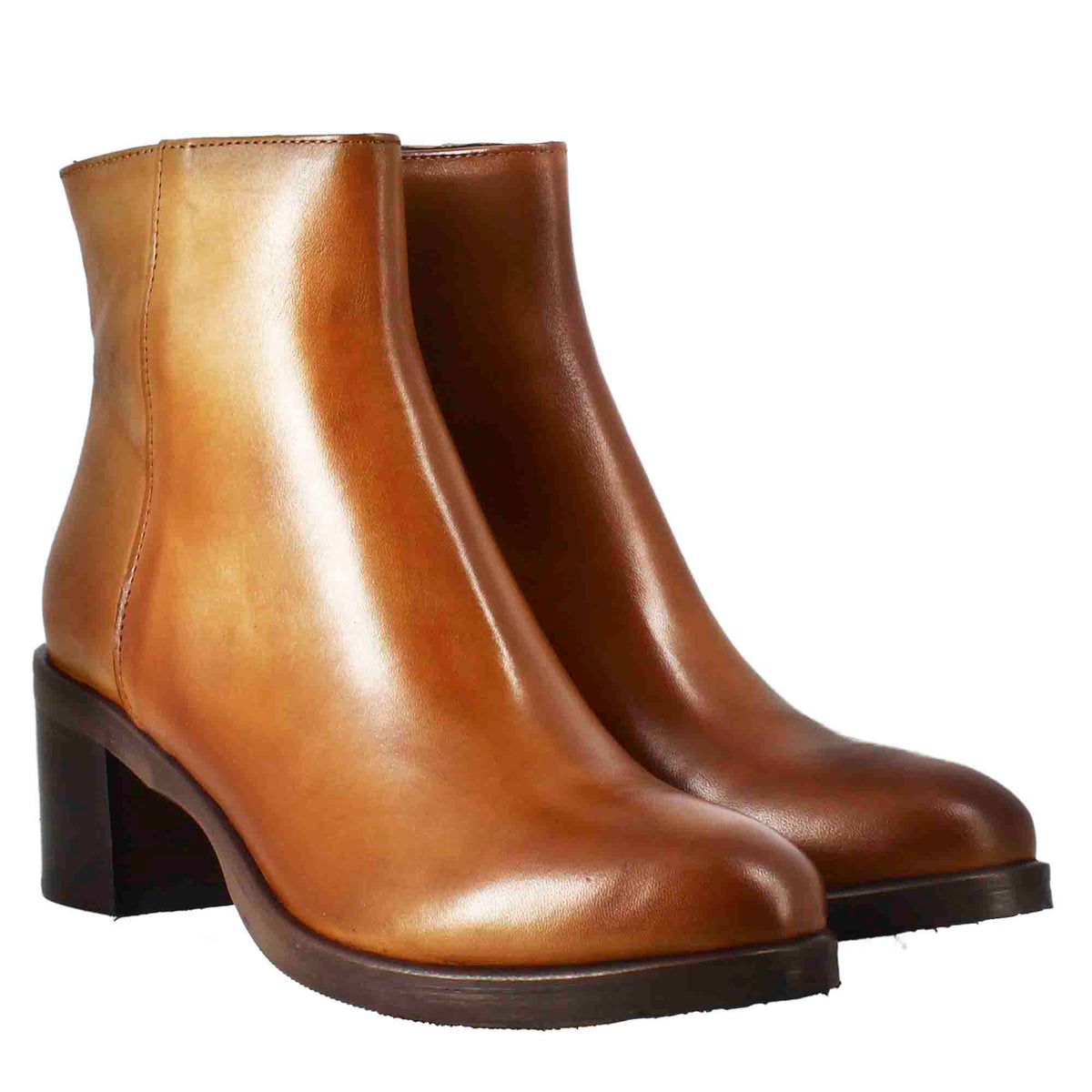 Stivaletto da donna liscio con tacco medio in pelle marrone - LeonardoShoes