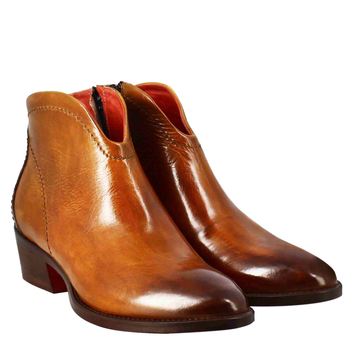 Stivaletto da donna liscio con tacco medio in pelle colore marrone chiaro - LeonardoShoes