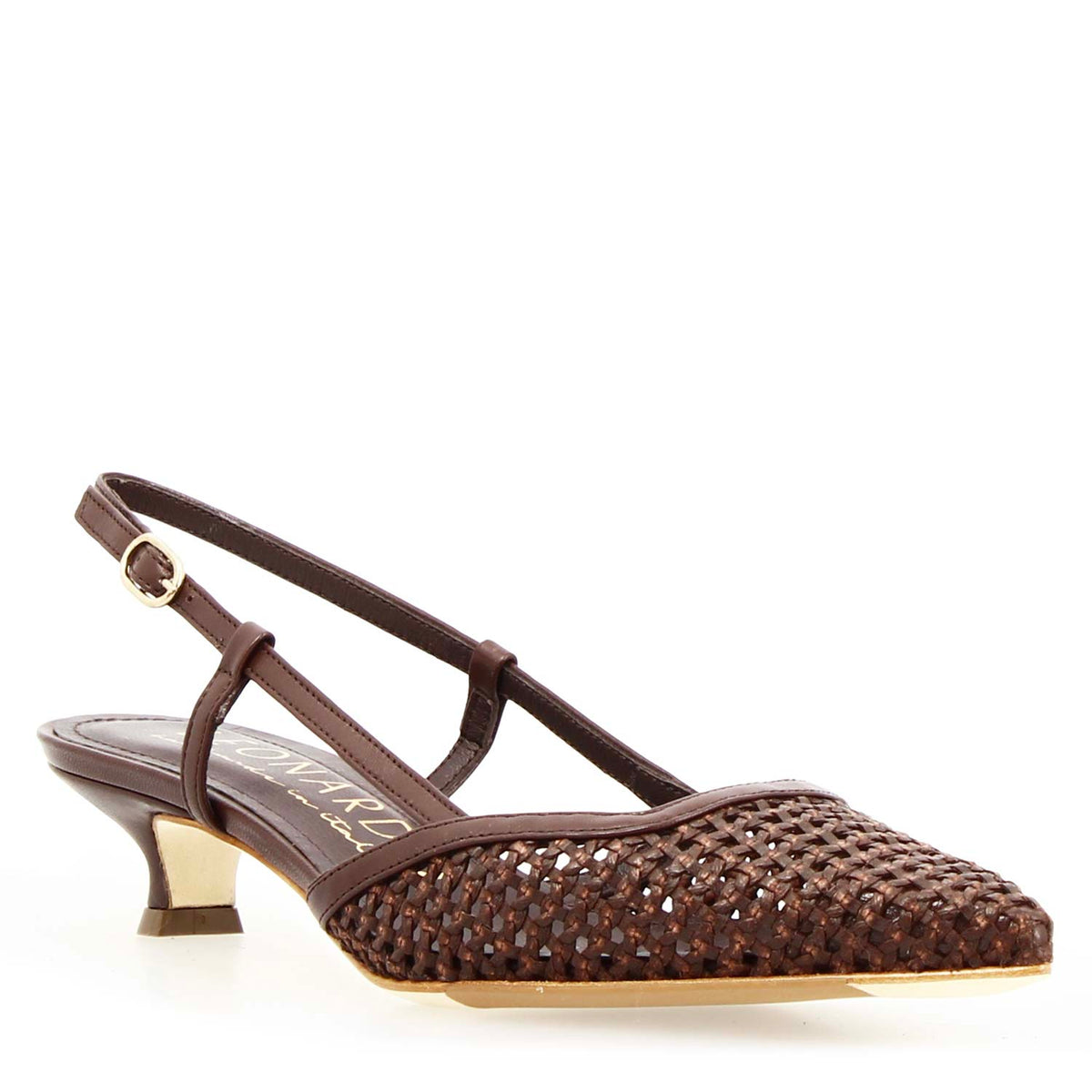 Aminta Sandalo slingback artigianale in pelle intrecciata moro - LeonardoShoes