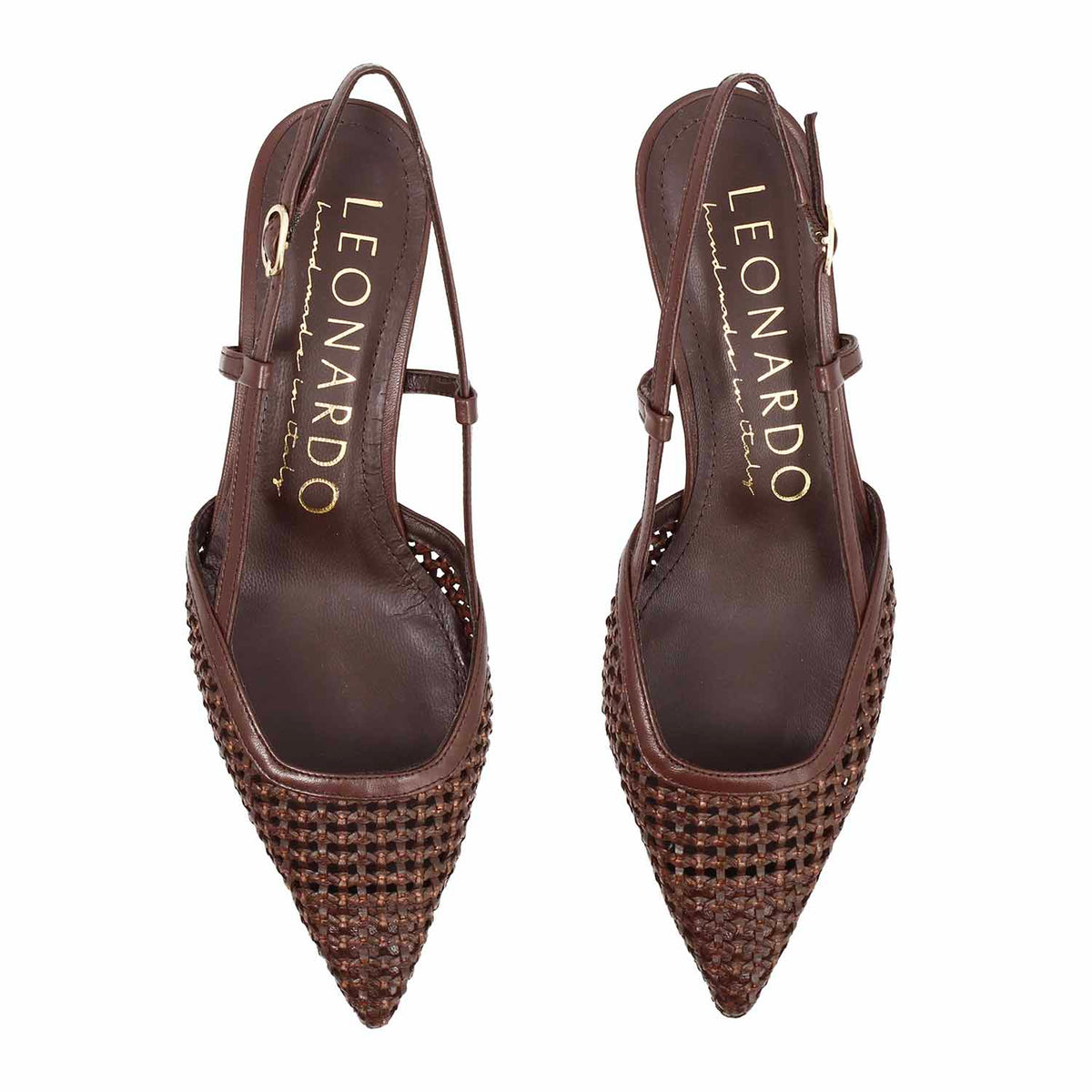 Aminta Sandalo slingback artigianale in pelle intrecciata moro - LeonardoShoes