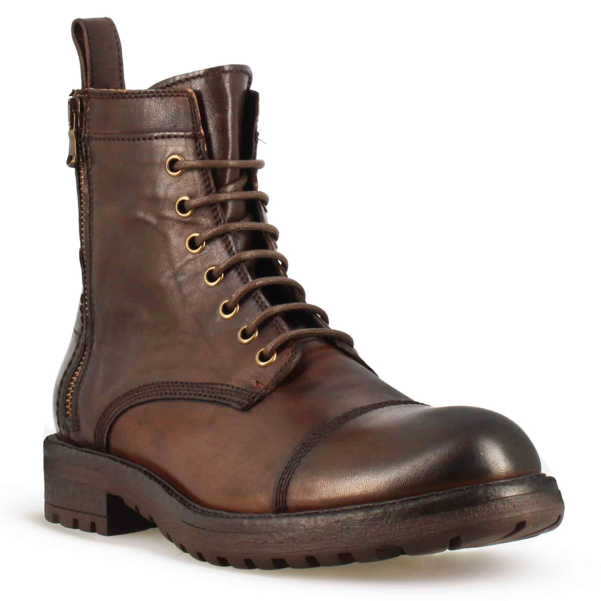 Anfibio da uomo in pelle marrone scuro con allacciatura e cerniera - LeonardoShoes
