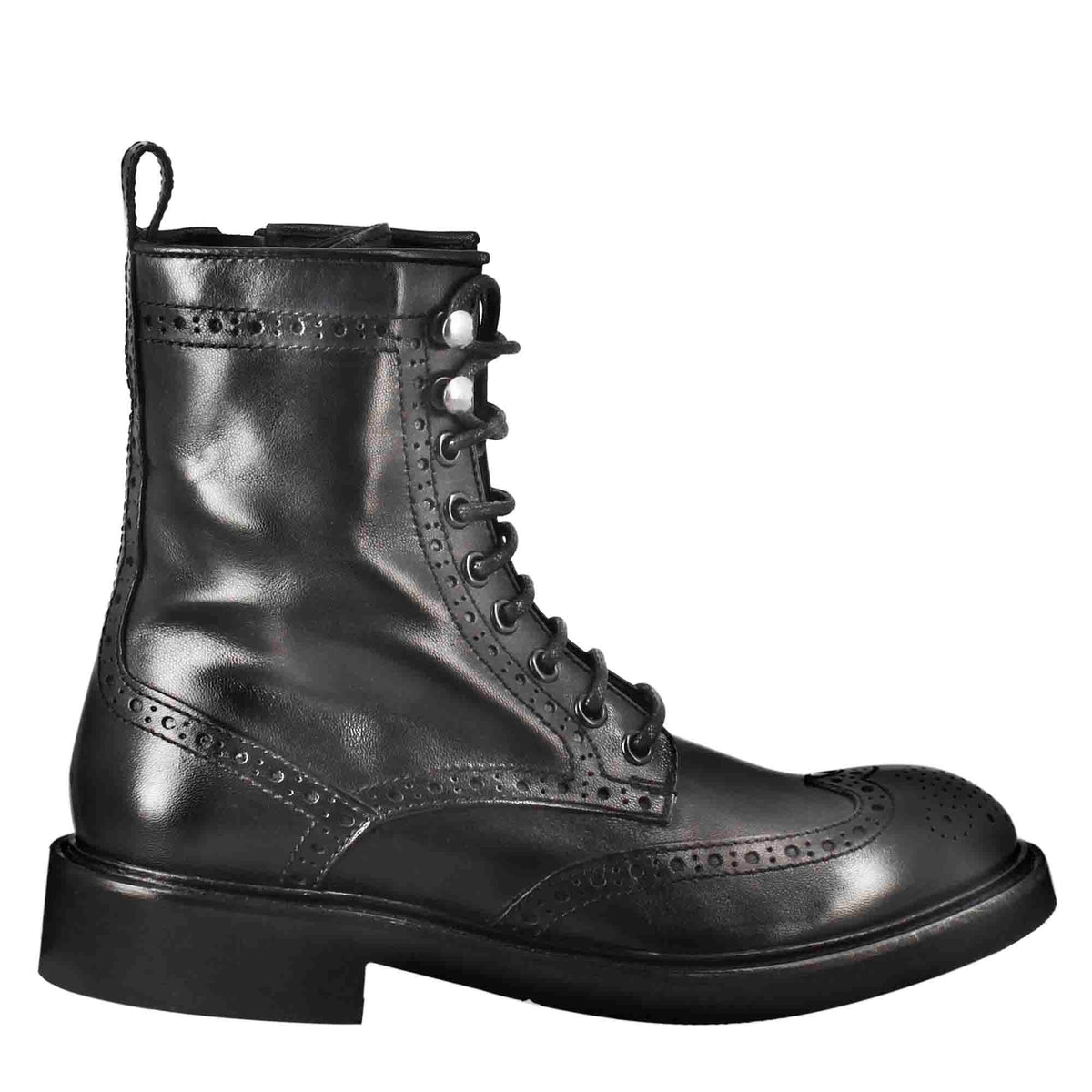 Stivaletto anfibio da donna con dettagli brogue paupa in pelle lavata colore nero - LeonardoShoes