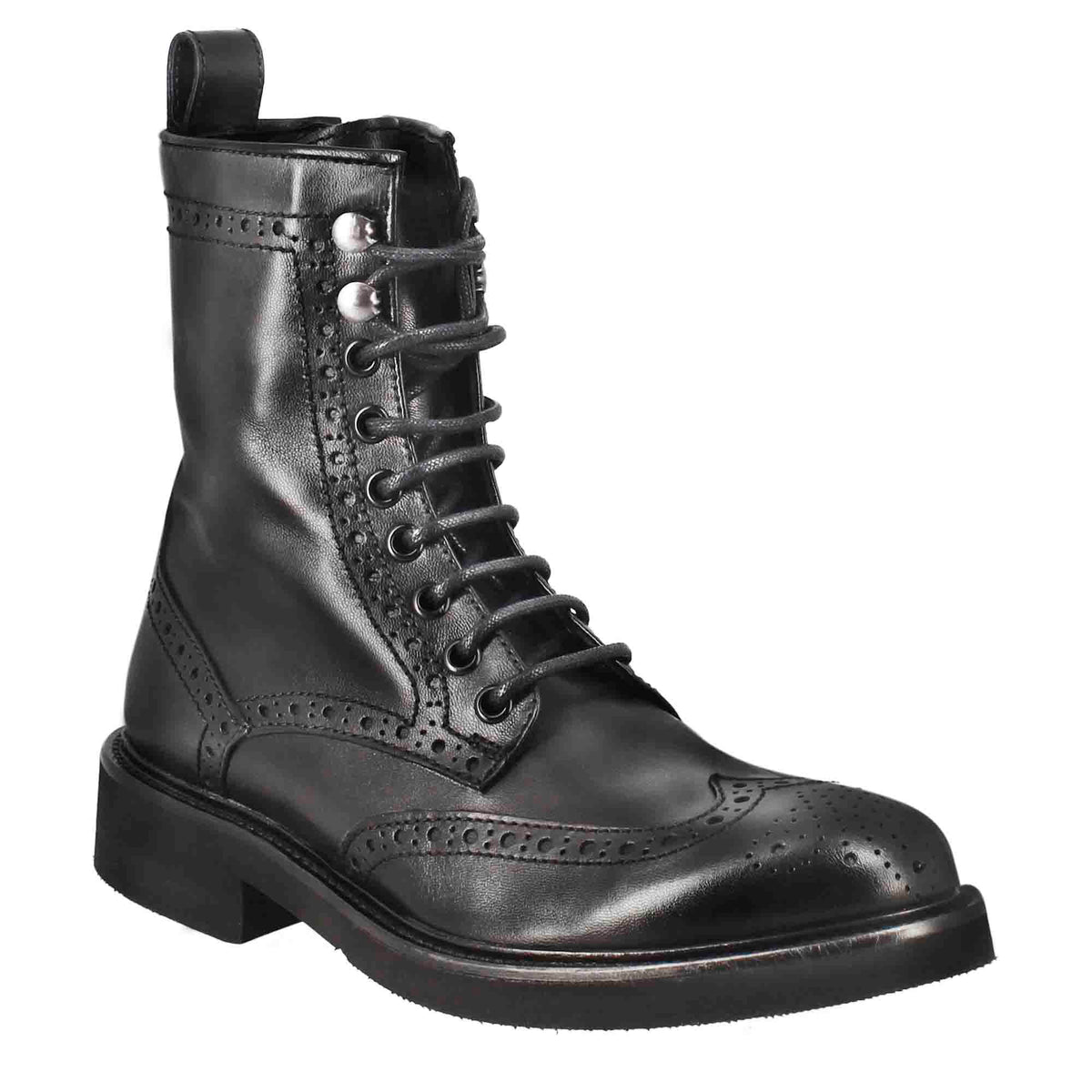 Stivaletto anfibio da donna con dettagli brogue paupa in pelle lavata colore nero - LeonardoShoes