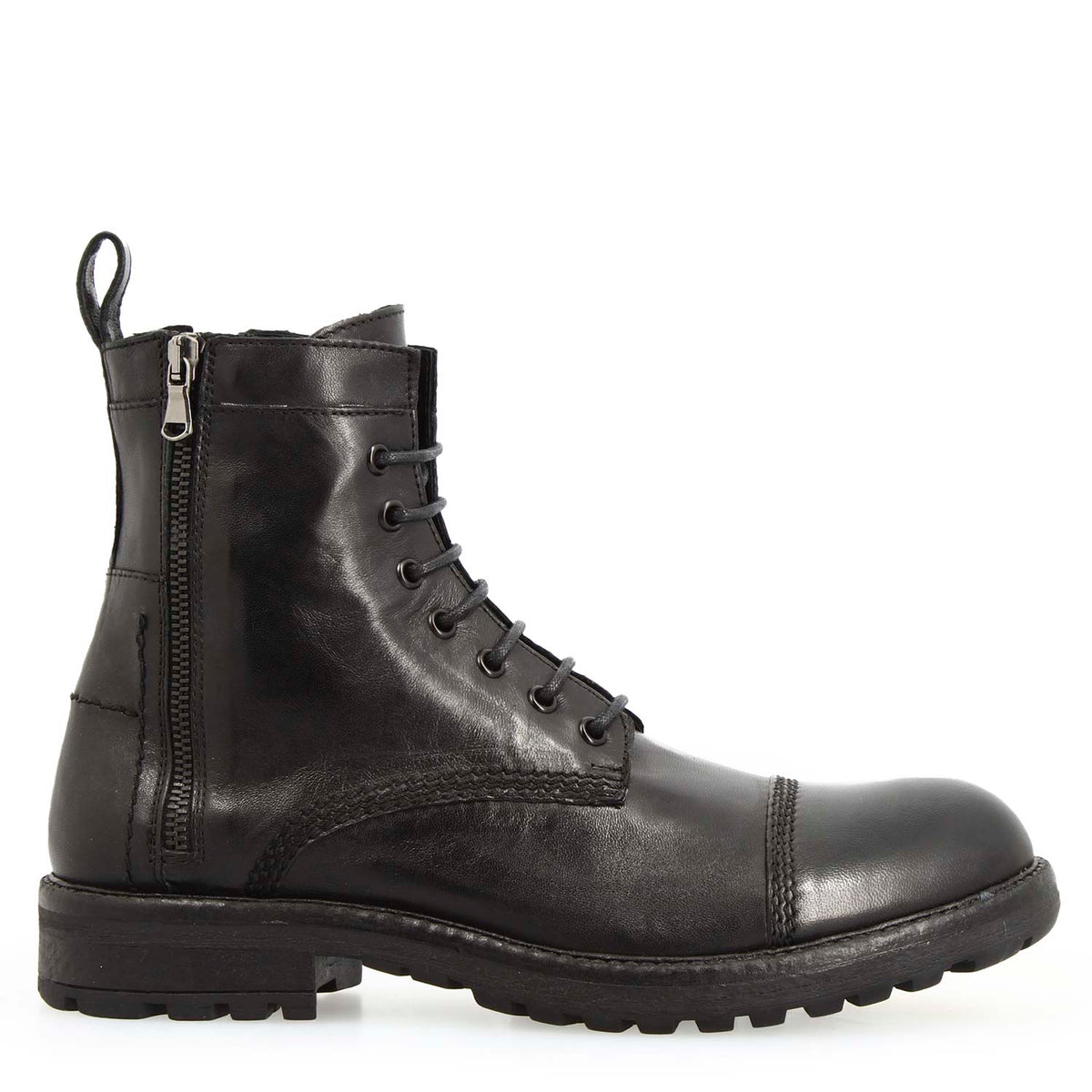 Anfibio da uomo in pelle nera con allacciatura e doppia cerniera - LeonardoShoes