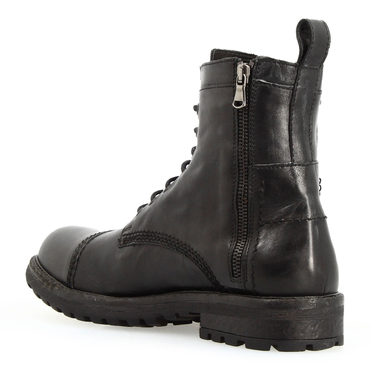 Anfibio da uomo in pelle nera con allacciatura e doppia cerniera - LeonardoShoes
