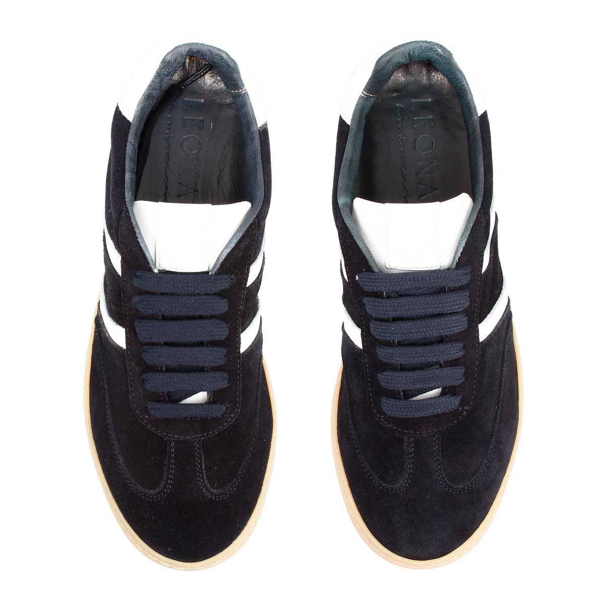 Sneaker artigianale da donna in pelle colore bianco e blu - LeonardoShoes